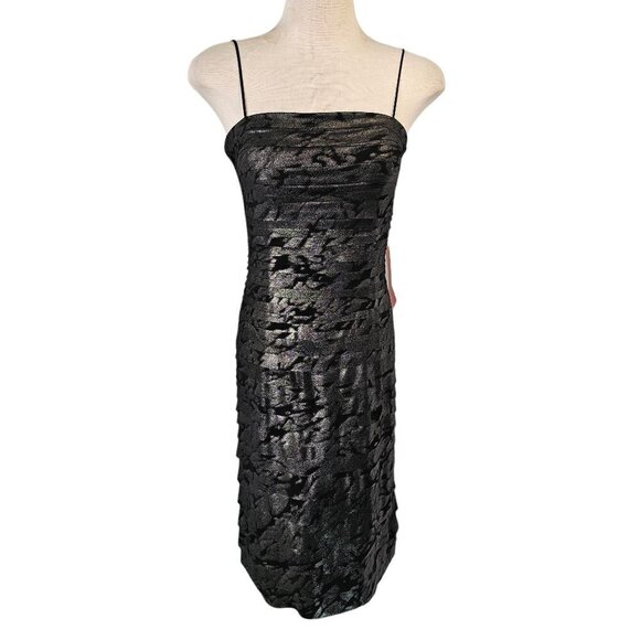 JS Collections Spaghetti Strap Layered Sheath Black Silver Metallic Womens 8 NWT - Picture 2 of 12